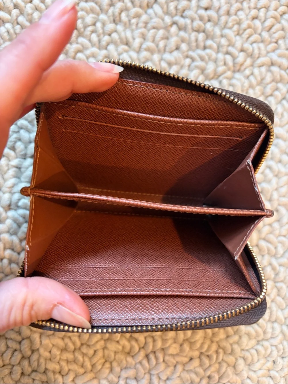 Authentic Louis Vuitton Monogram Zip Wallet in Brown and Gold Hardware